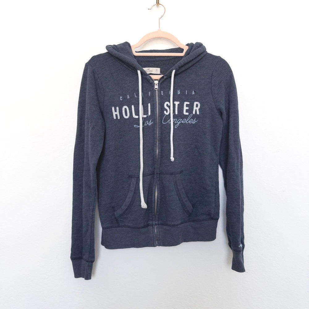 Y2K Hollister Womens‎ Hoodie Size XS Navy Zip Up Logo Sweatshirt Skater Street